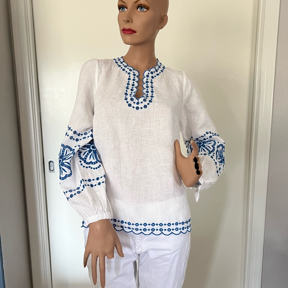 White and Blue Embroidered Women's Top